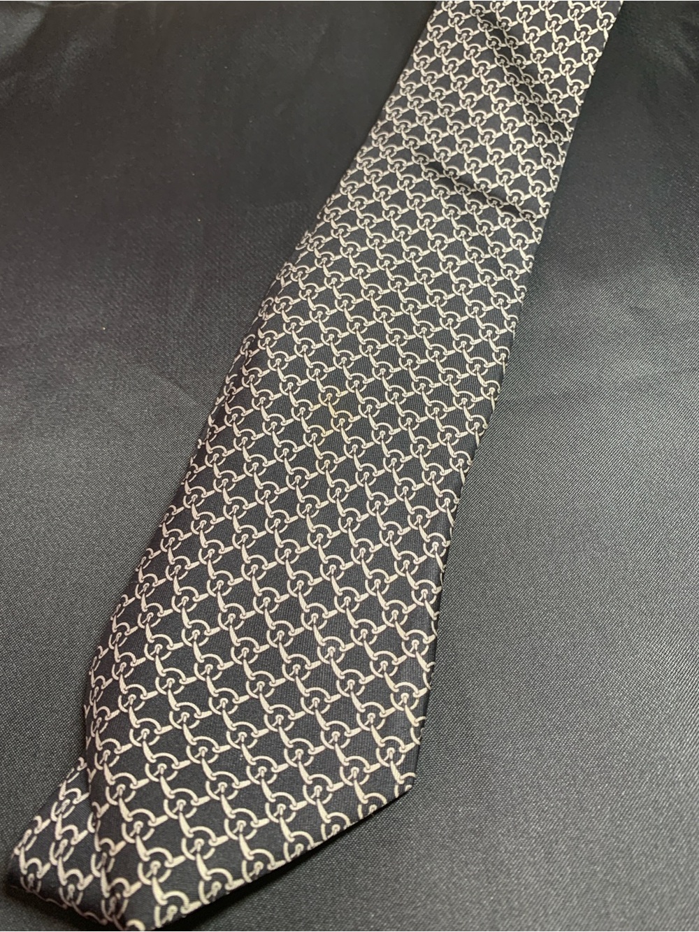 Hermes Black Tie with Beige Chain-Link Pattern